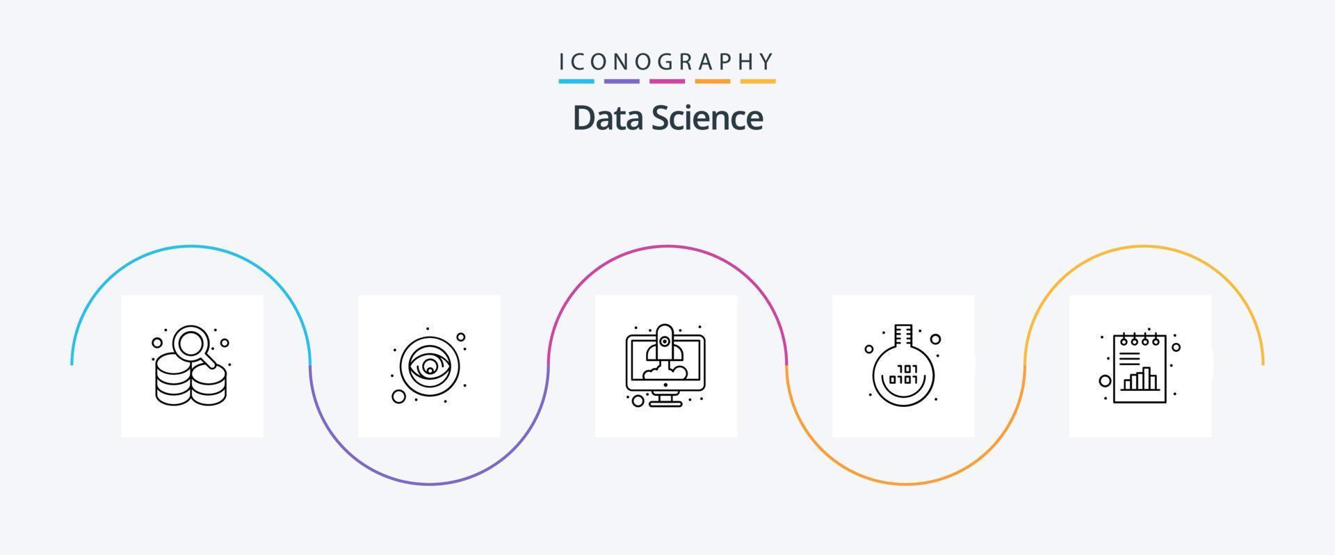 data vetenskap linje 5 ikon packa Inklusive bok. labb. dator. experimentera. Start upp vektor