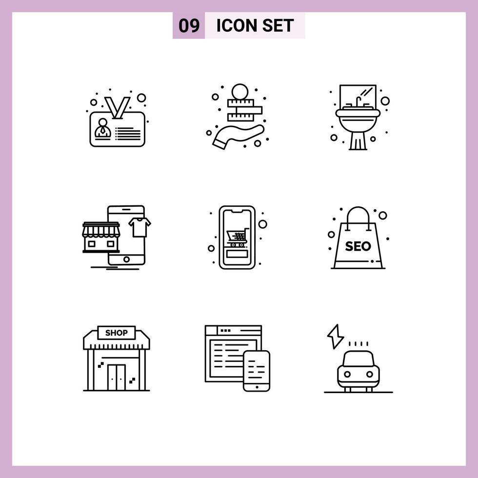 Stock Vector Icon Pack mit 9 Zeilenzeichen und Symbolen für Warenkorb Online-Badezimmer kaufen einkaufen editierbare Vektordesign-Elemente