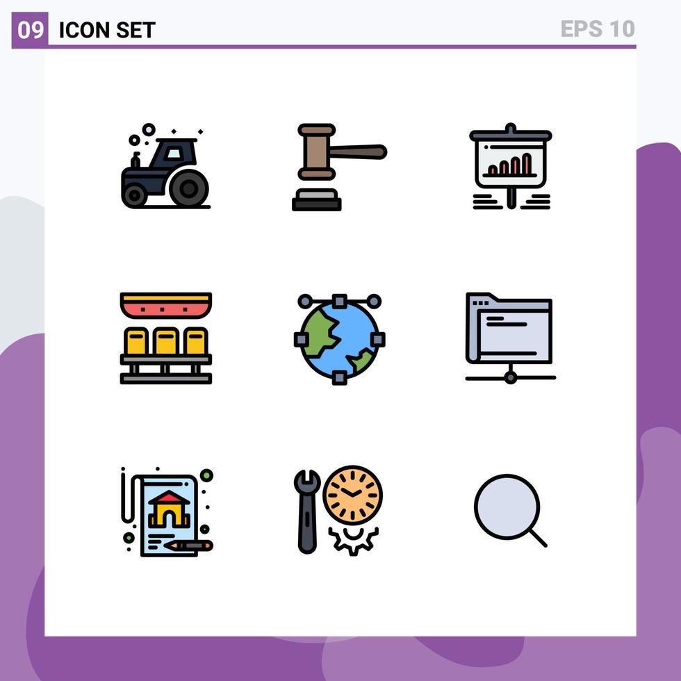 Piktogrammsatz von 9 einfachen gefüllten flachen Farben der Ankertransportpräsentation Zuggeschäft editierbare Vektordesignelemente vektor