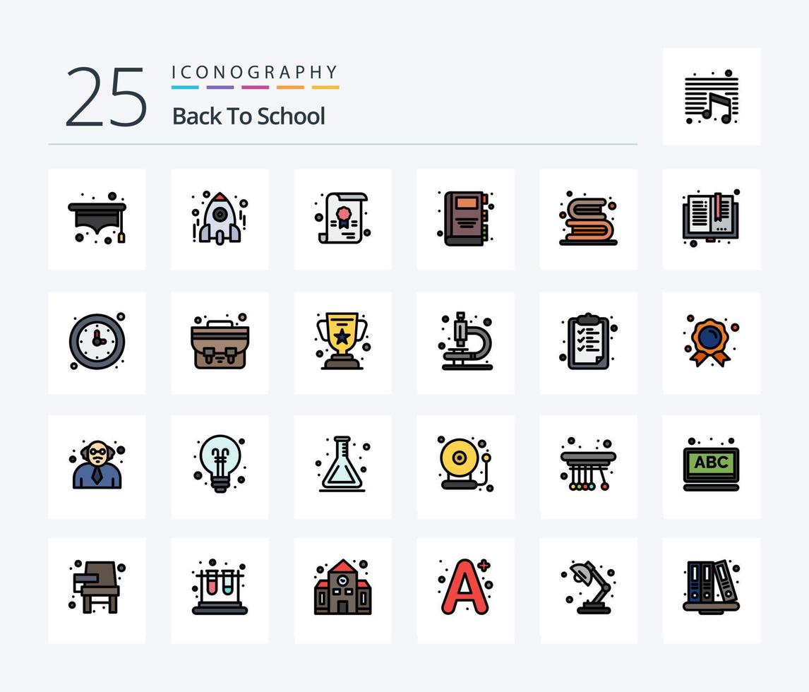 Zurück zur Schule 25 Zeilen gefülltes Icon Pack inklusive Bibliothek. Bücher. Zertifikat. zurück zur Schule. e-Buch vektor