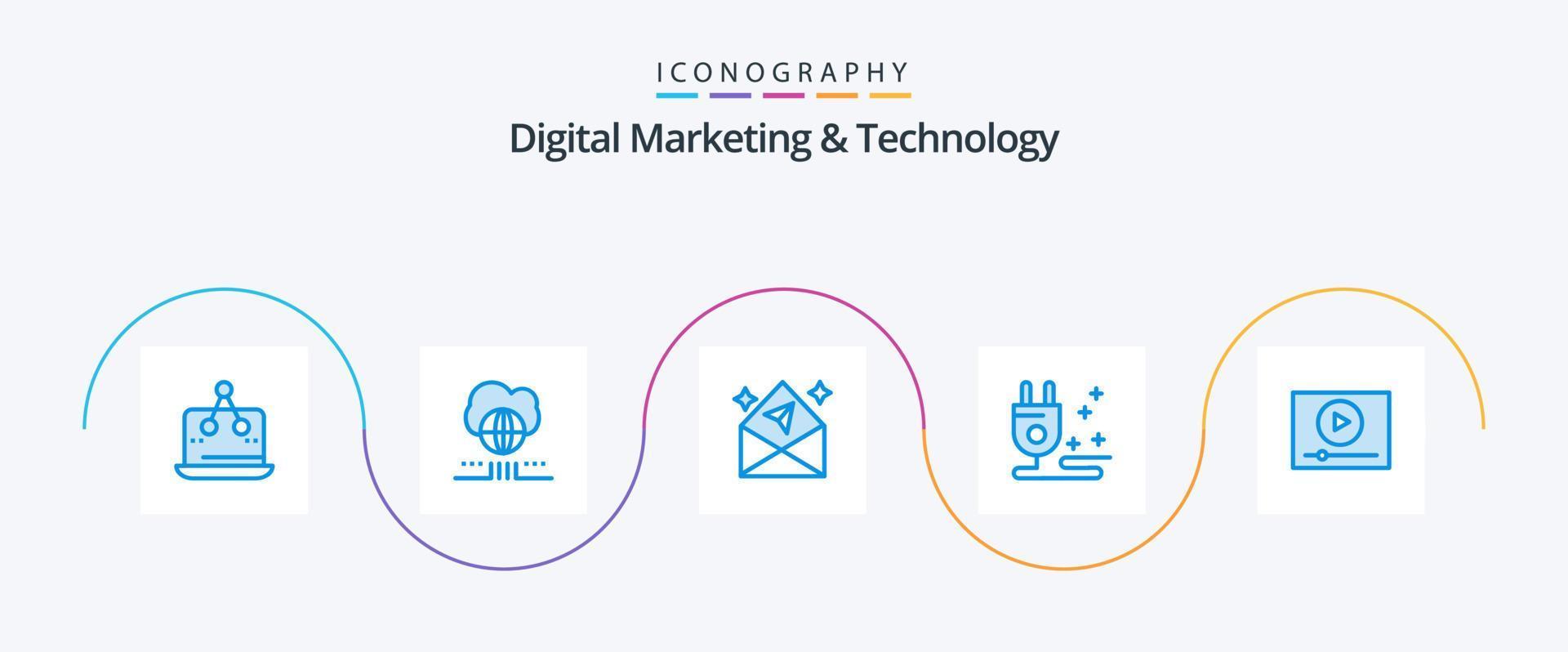 digital marknadsföring och teknologi blå 5 ikon packa Inklusive spela. marknadsföring. moln. kabel. öppen vektor