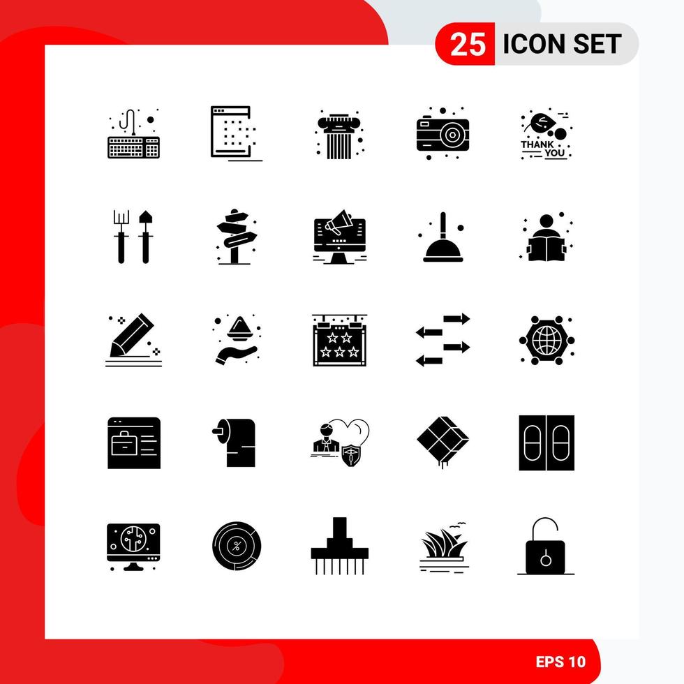 Packung mit 25 kreativen soliden Glyphen des Blattes danke Tag Architektur Fotografie Kamera editierbare Vektordesign-Elemente vektor