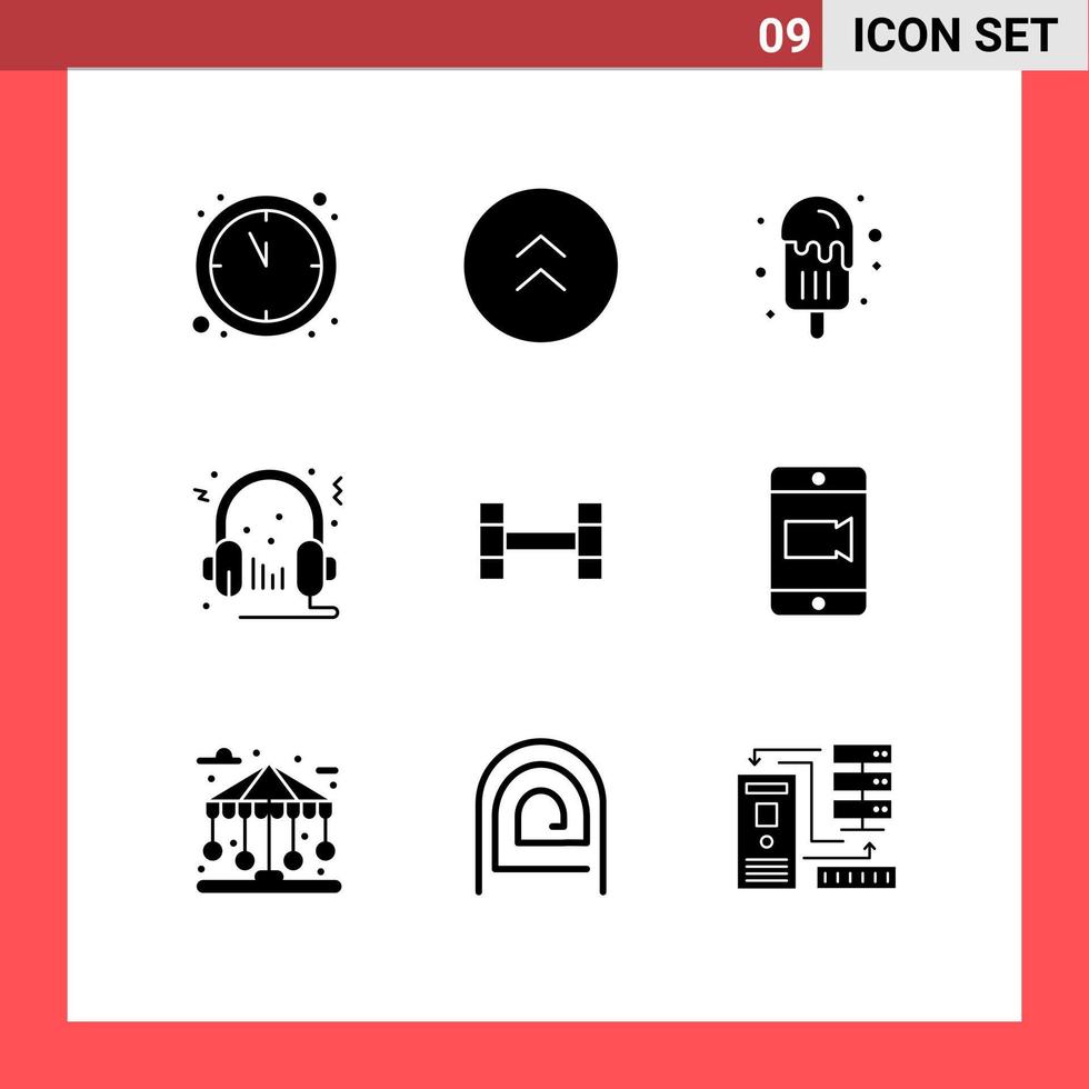Stock Vector Icon Pack mit 9 Zeilen Zeichen und Symbolen für Gewichtheben Mikrofon Eis Multimedia Lautsprecher editierbare Vektordesign-Elemente