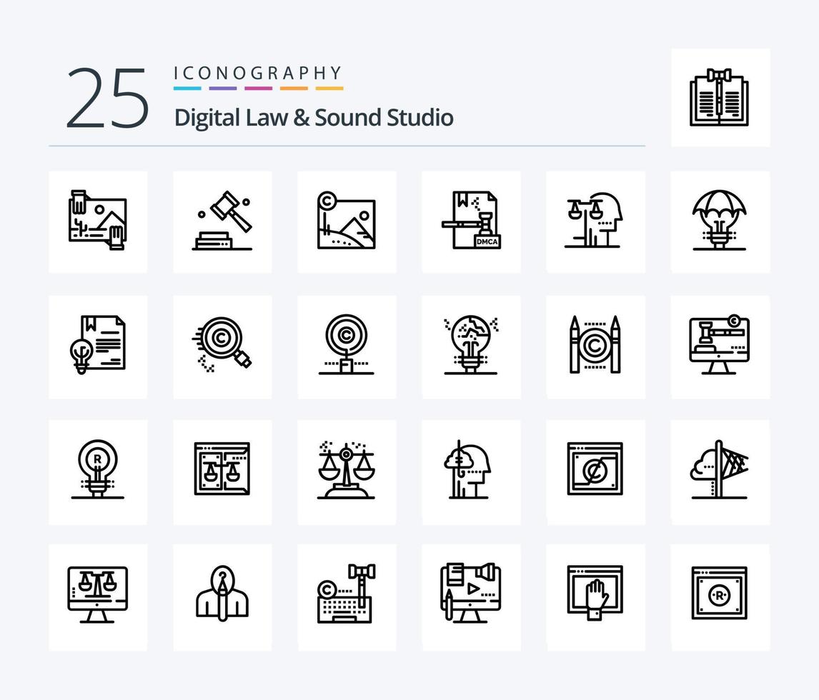 Symbolpaket für digitales Recht und Tonstudio mit 25 Zeilen, einschließlich Datei. Digital. Gesetz. Urheberrechte ©. urheberrechtlich geschützt vektor