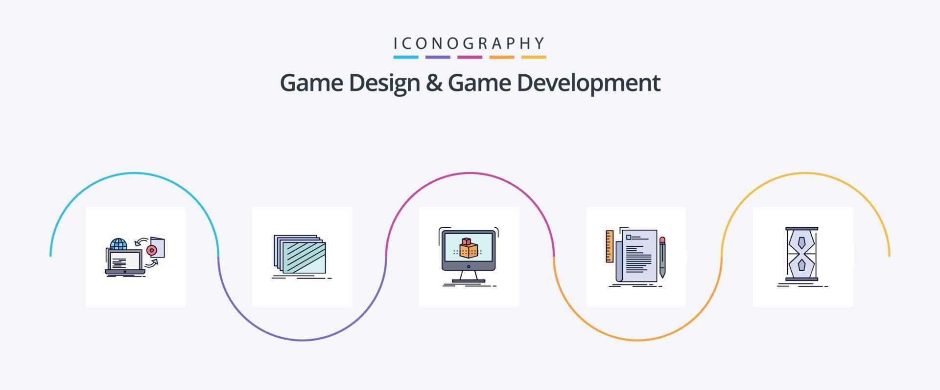 spel design och spel utveckling linje fylld platt 5 ikon packa Inklusive fil. koda. textur. skiss. dimensionell vektor