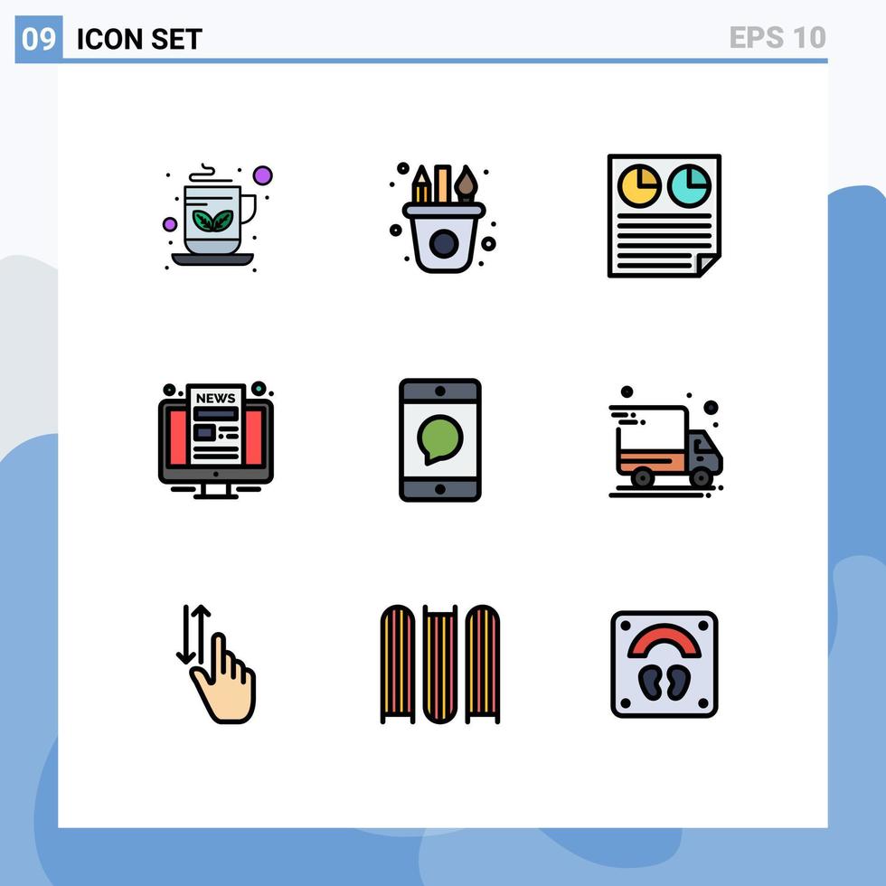 Universelle Symbolsymbole Gruppe von 9 modernen Filledline-Flachfarben von Handy-Nachrichtendatenmonitorberichten editierbare Vektordesign-Elemente vektor
