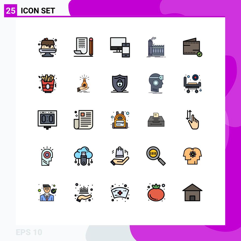 Gruppe von 25 modernen gefüllten flachen Farben für Produktionsindustrie Computer Industrietelefon editierbare Vektordesign-Elemente vektor