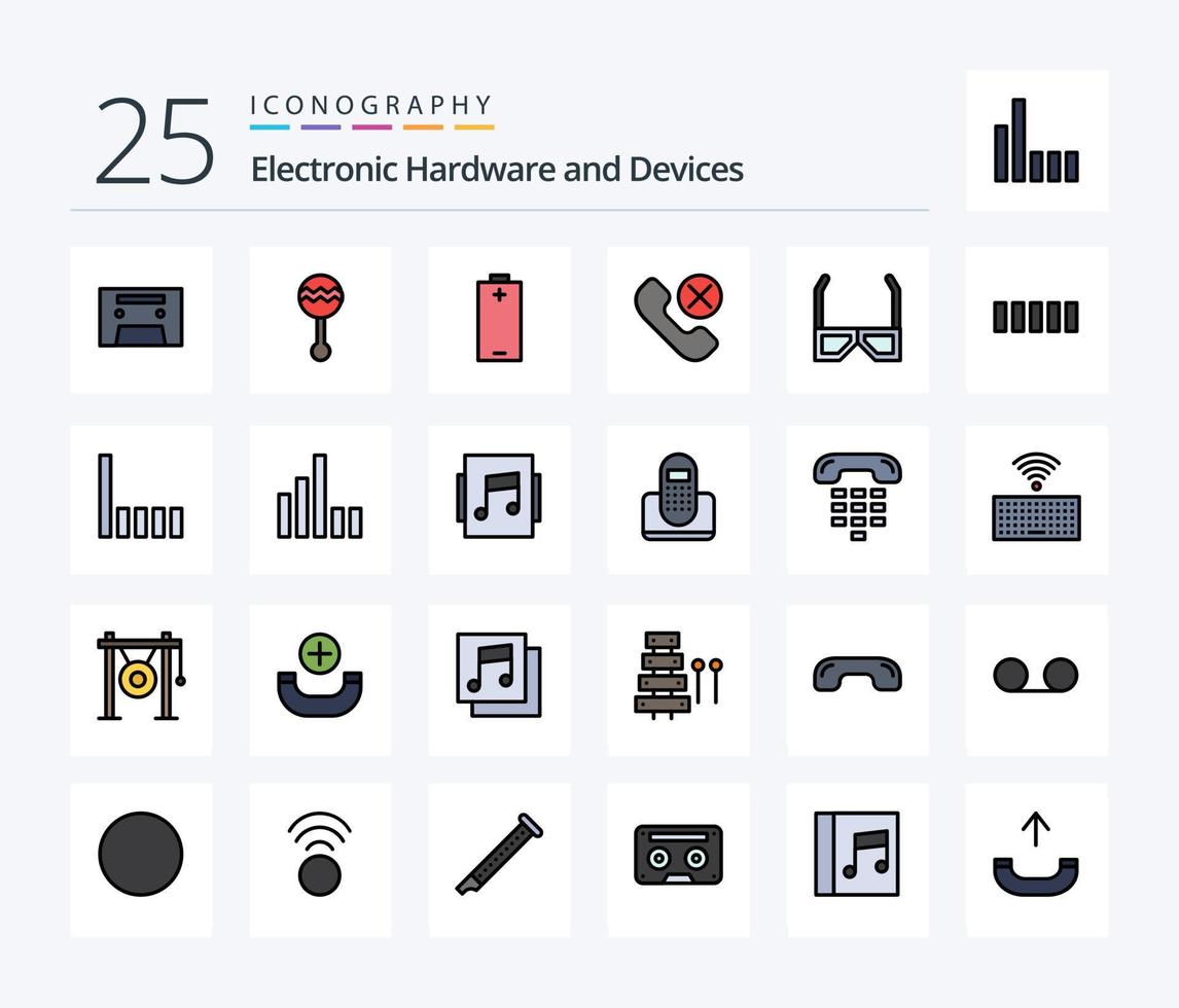 Geräte 25 Zeilen gefülltes Icon Pack inklusive Unterhaltung. Telefon. Batterie. Handy, Mobiltelefon. Forderung vektor