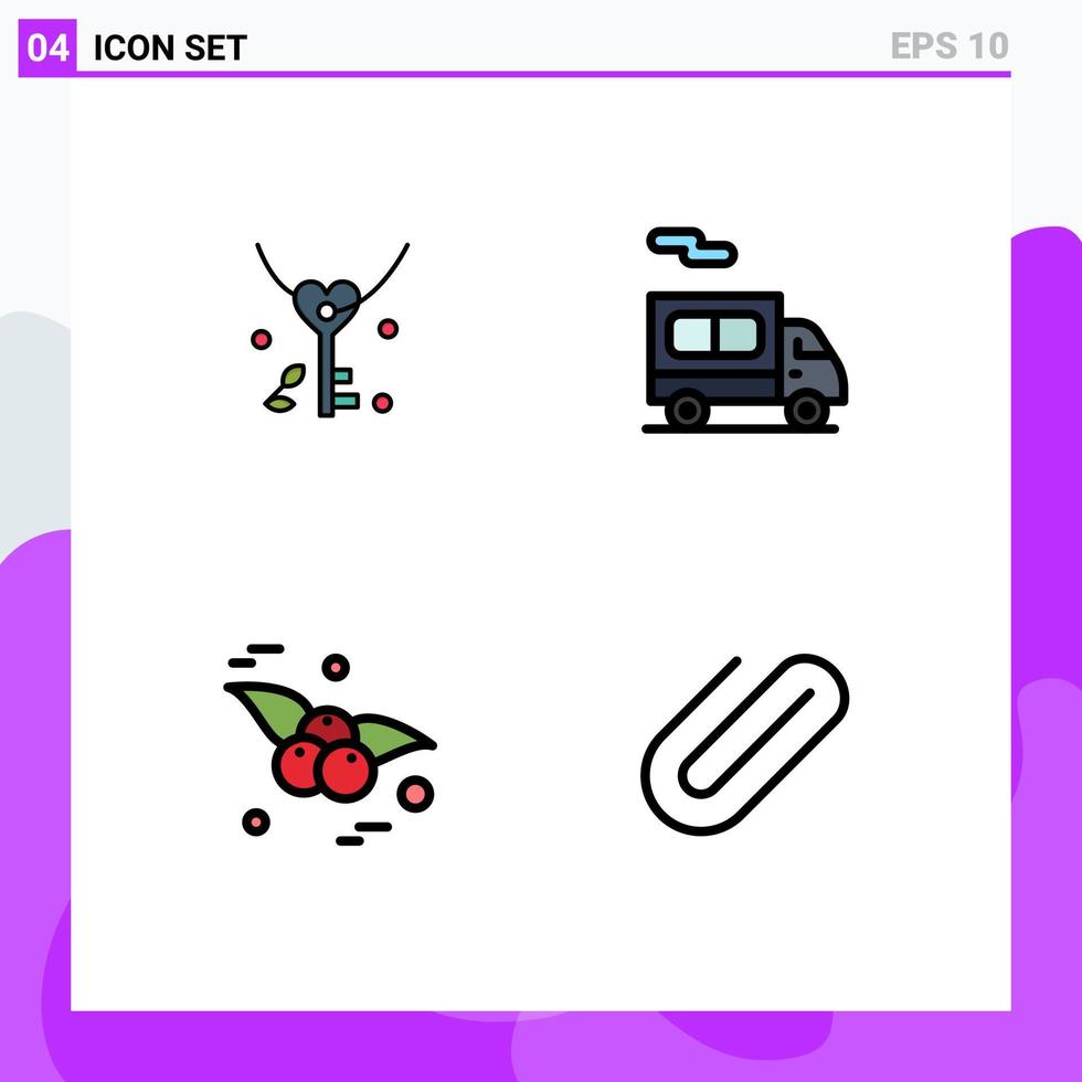 uppsättning av 4 vektor fylld linje platt färger på rutnät för nyckel frukt bröllop lastbil fästa redigerbar vektor design element