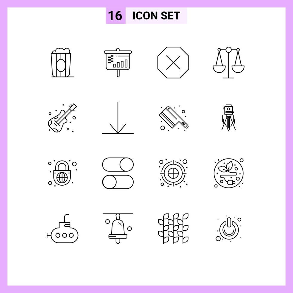 Stock Vector Icon Pack mit 16 Linienzeichen und Symbolen für Down Music Delete Instrument Scales editierbare Vektordesign-Elemente