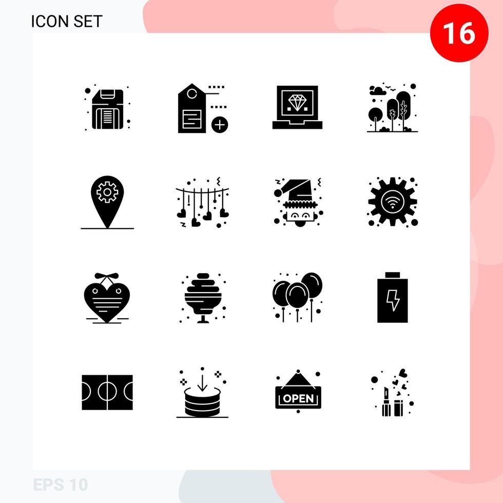 mobil gränssnitt fast glyf uppsättning av 16 piktogram av geo träd utveckla parkera trädgård redigerbar vektor design element