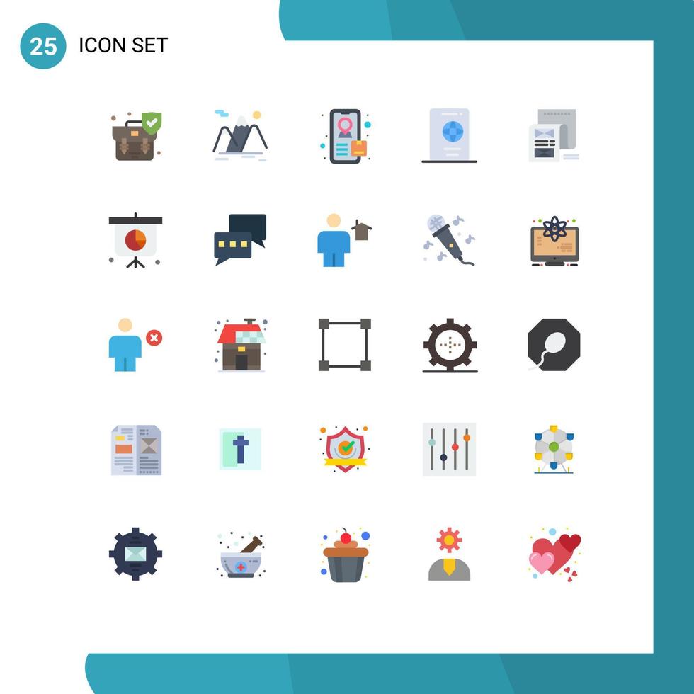 moderner Satz von 25 flachen Farben und Symbolen wie E-Mail-Dokument Landschaft Reise Sommer editierbare Vektordesign-Elemente vektor