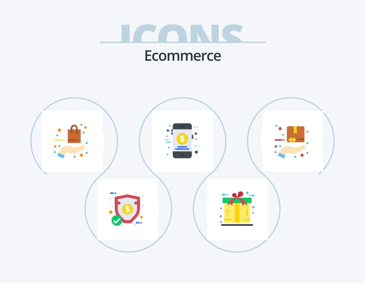 E-Commerce-Flachbild-Icon-Pack 5 Icon-Design. Schutz. Geschäft. Tasche. Geld. Einkaufen vektor