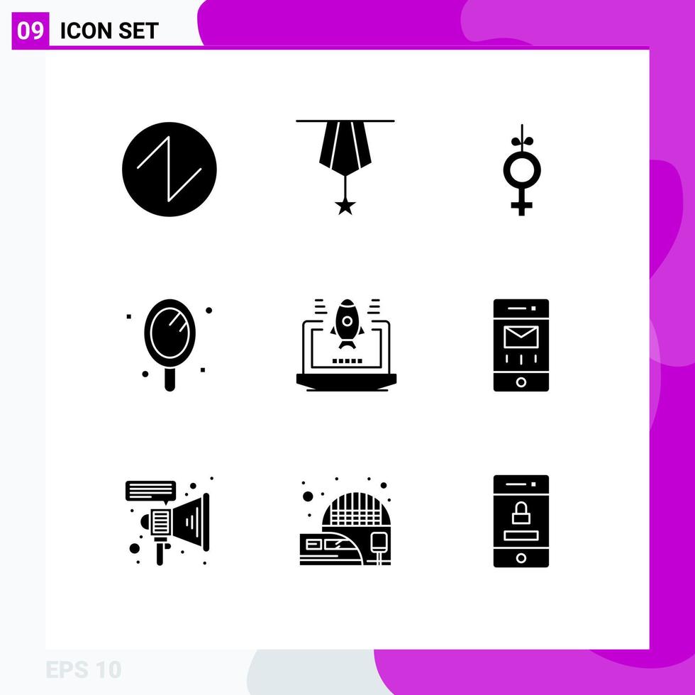 Gruppe von 9 soliden Glyphen Zeichen und Symbolen für handbearbeitbare Vektordesign-Elemente für Laptop-Business-Gender-Salon vektor