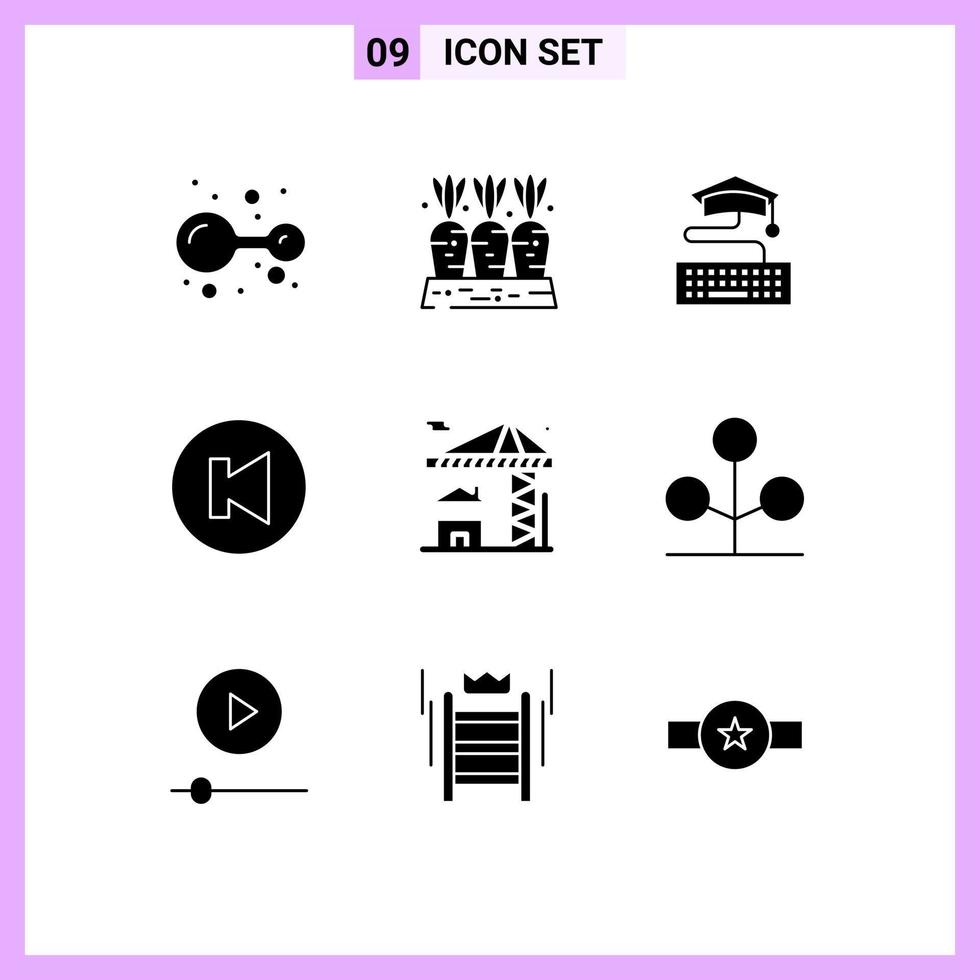 uppsättning av 9 vektor fast glyfer på rutnät för verklig tidigare vegetabiliska multimedia gradering redigerbar vektor design element