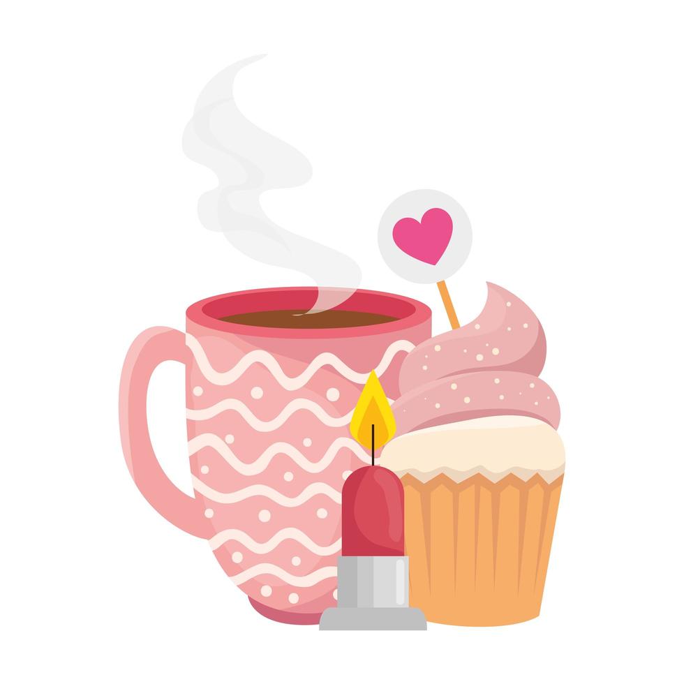 Tasse Kaffee mit Cupcake und Kerze vektor