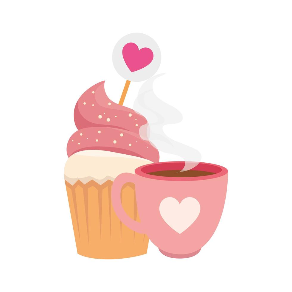 Tasse Kaffee mit Cupcake isolierte Ikone vektor