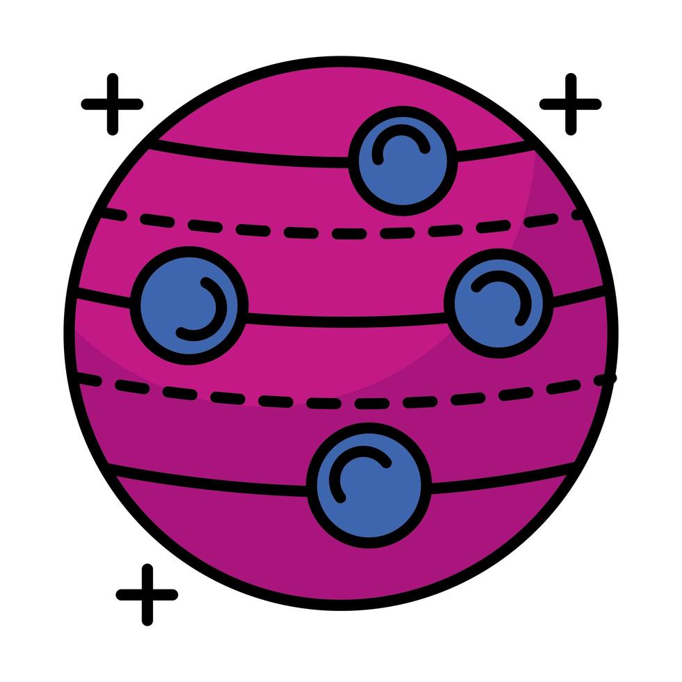 Planet mit vier Satelliten, die Linie umkreisen und Stilikone füllen vektor