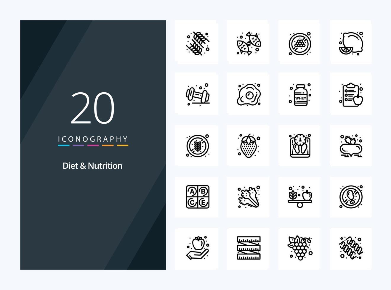 20 Symbol für Diät- und Ernährungsumrisse zur Präsentation vektor
