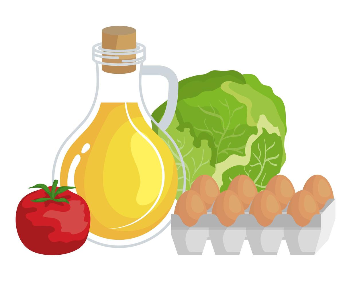 Öl mit Eiern und Gemüse gesunde Lebensmittel Ikonen vektor