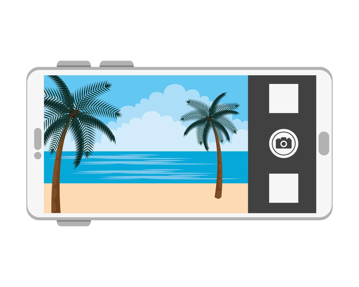 Smartphone mit Sommerstrand und Palmen Seestückszene vektor