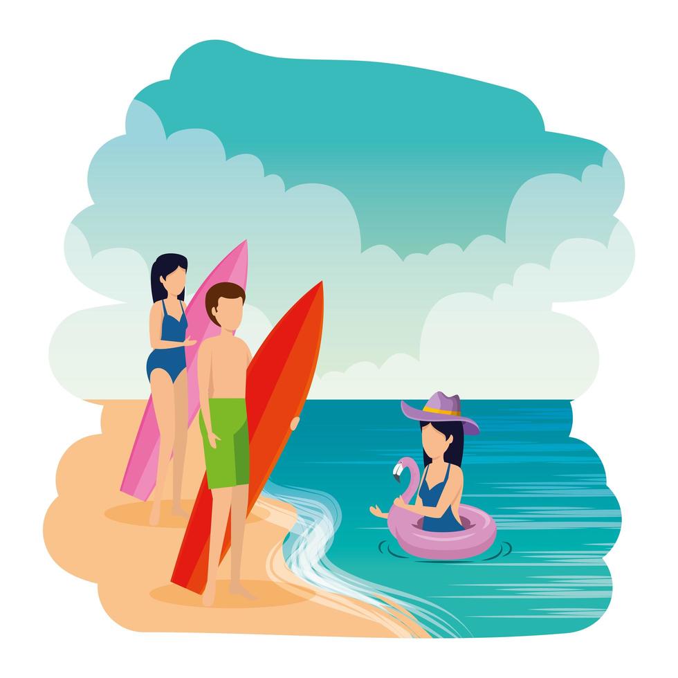 Jugendliche mit Badeanzug und Surfbrett am Strand vektor
