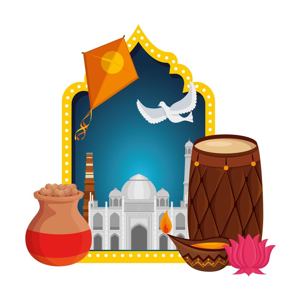 Indien firande inbjudningskort med uppsättning ikoner vektor
