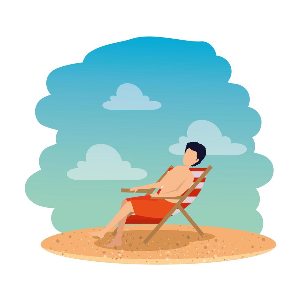 junger Mann mit Badeanzug sitzt im Stuhl am Strand vektor