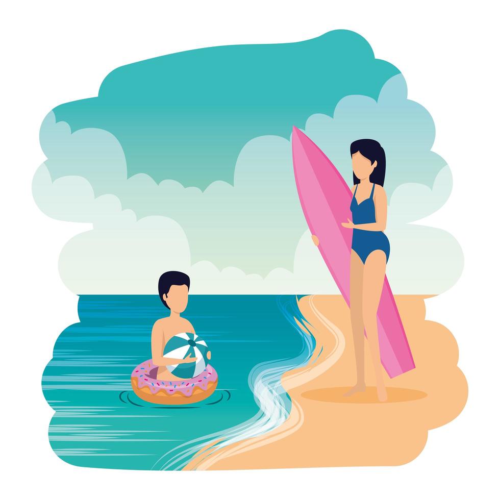 ungt par med flottör och surfbräda på stranden vektor