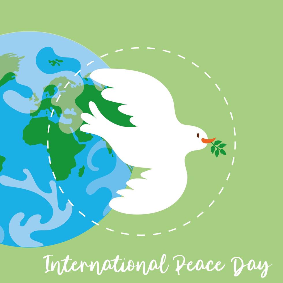 Internationaler Tag des Friedens Schriftzug mit Taube und Erde Planet vektor