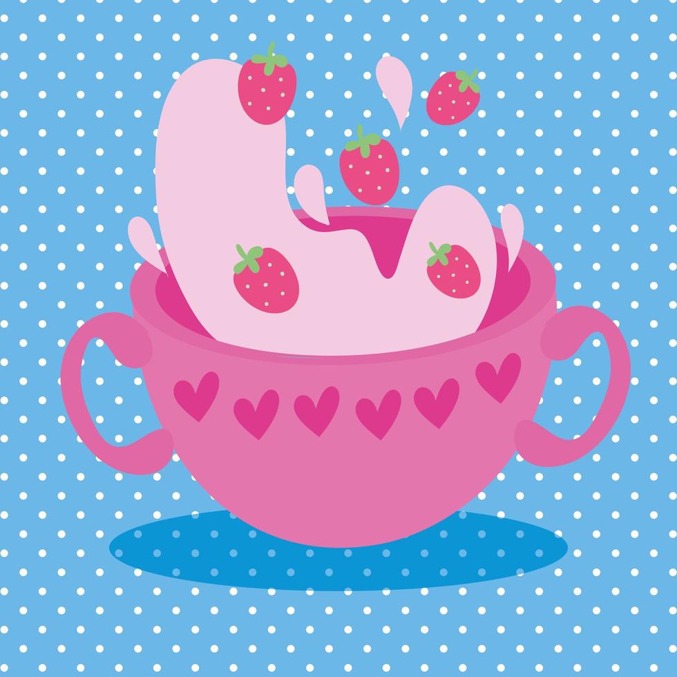 söt kawaii vykort med jordgubbsjuice i en kopp vektor
