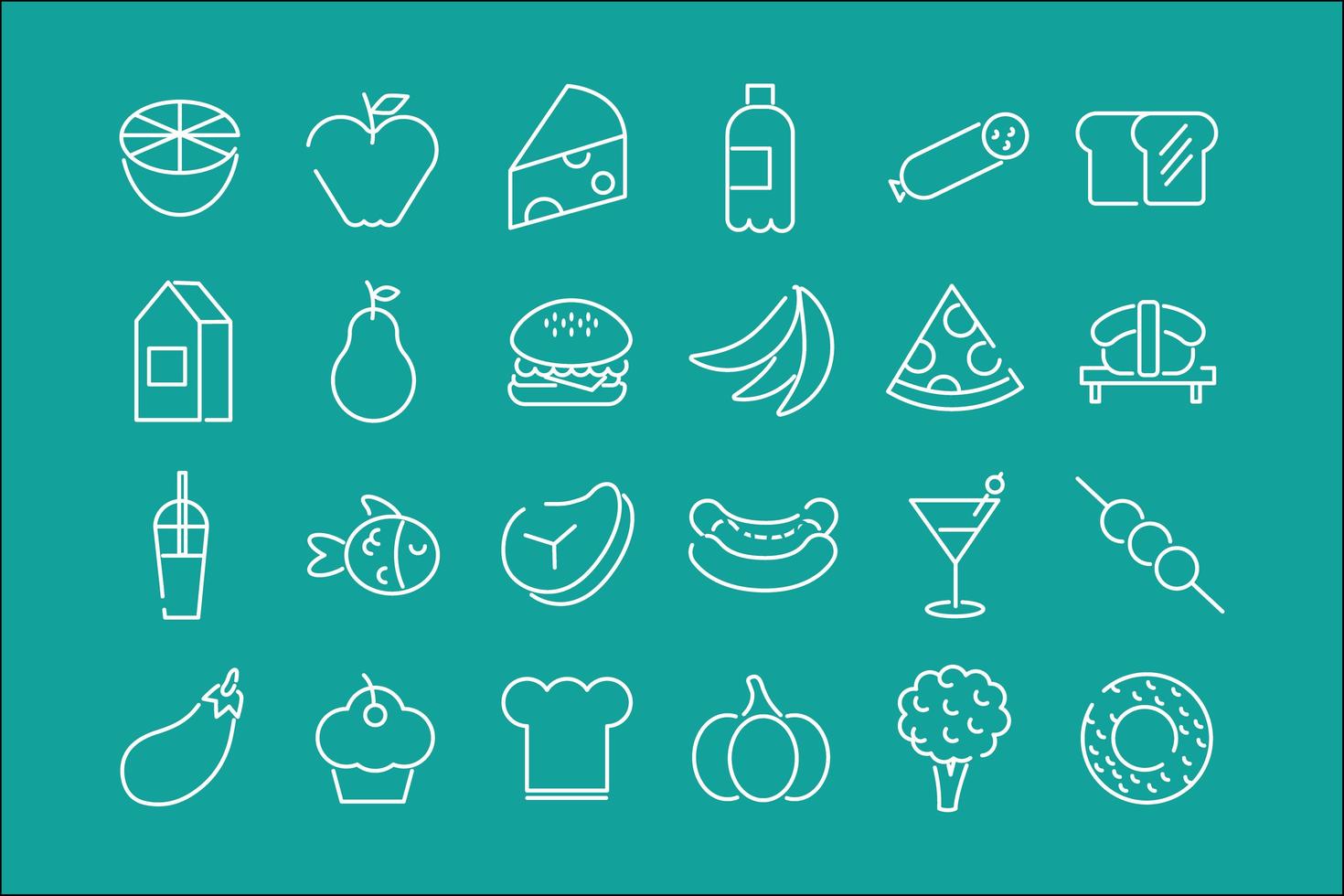Bündel von vierundzwanzig Nahrungsmittelsymbolen in einem grünen Hintergrund vektor