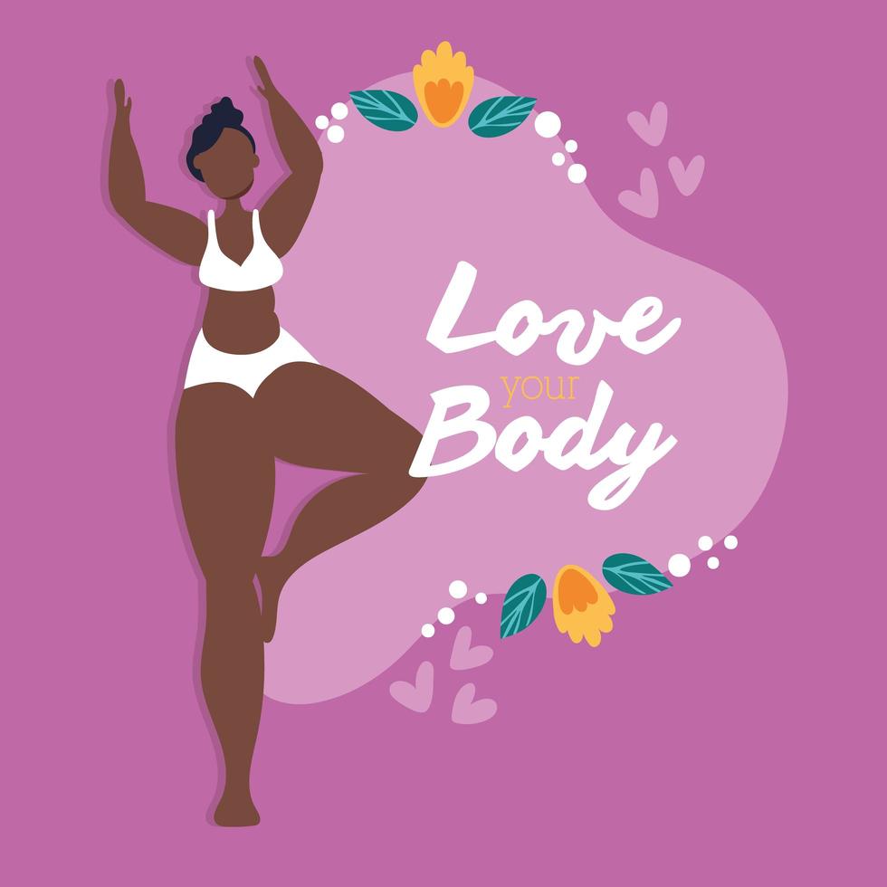 älskar din kroppsbokstäver med afro kvinna och blommor vektor