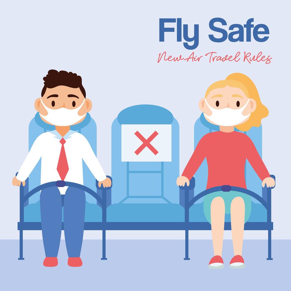 Fly Safe Kampagne Schriftzug Poster mit Menschen in Flugzeugstühlen vektor