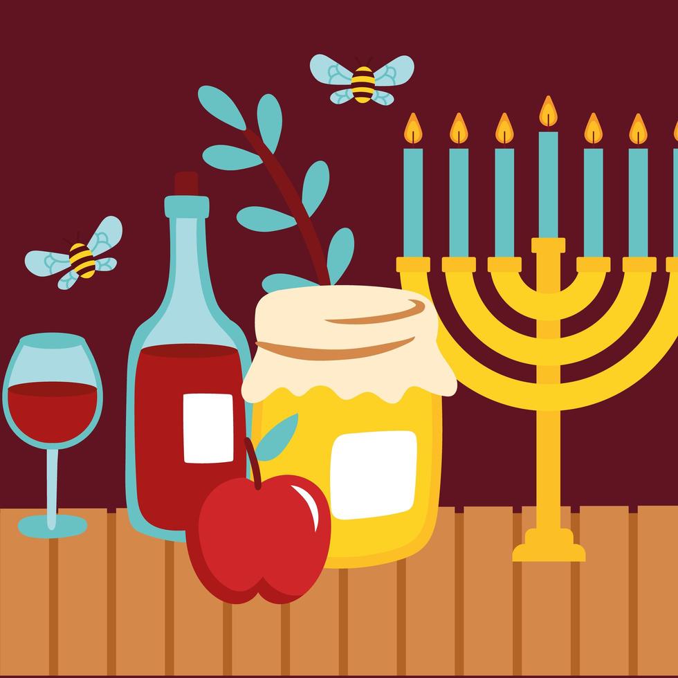 fröhliche rosh hashanah mit kronleuchter und weinen vektor