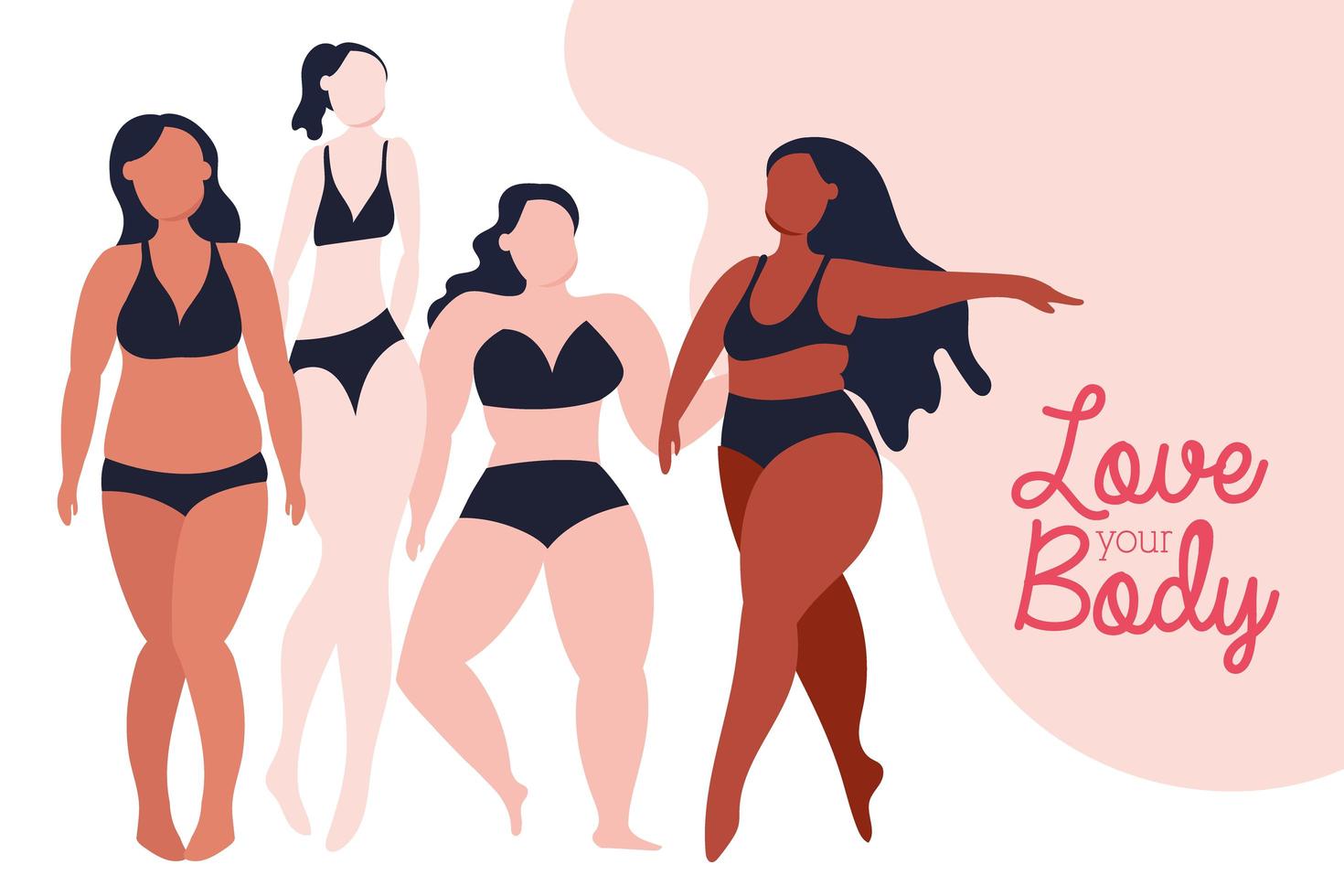 älskar din kroppsbokstäver med en grupp kvinnor med olika kroppstyper vektor