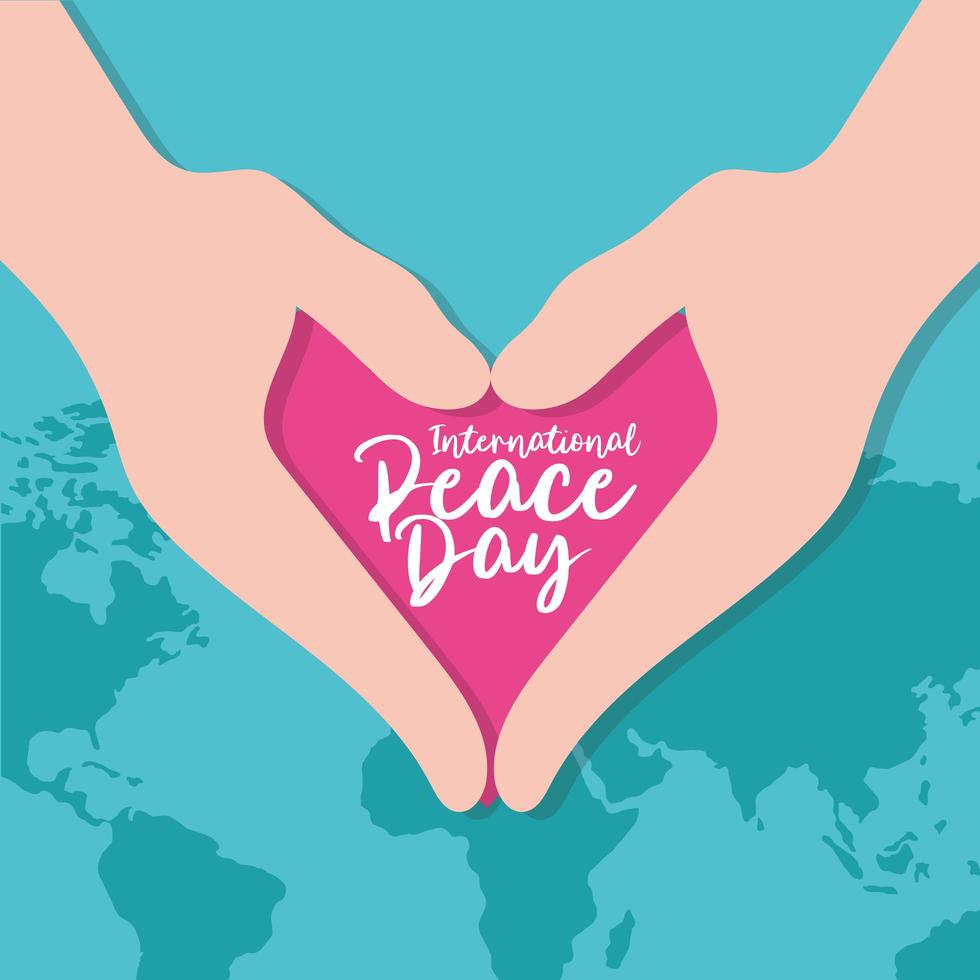 Internationaler Tag des Friedens Schriftzug mit Händen in Herzform vektor