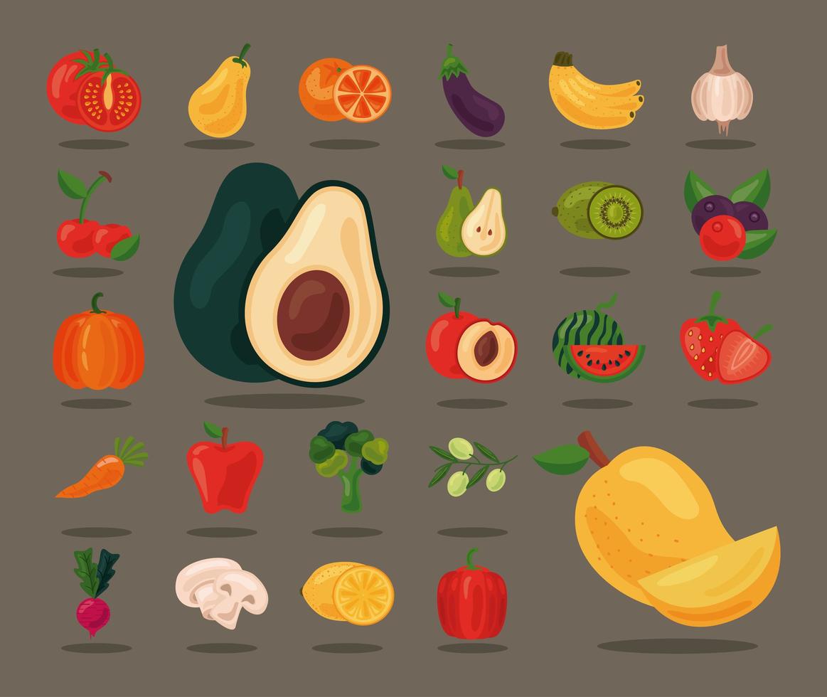 bunt med tjugofyra färska frukter och grönsaker, ikoner för hälsosam mat vektor
