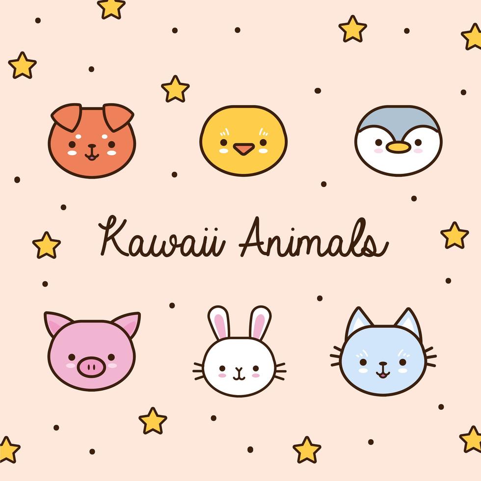 Bündel von Kawaii-Tieren mit Sternen und Schriftzug und Füllstil vektor