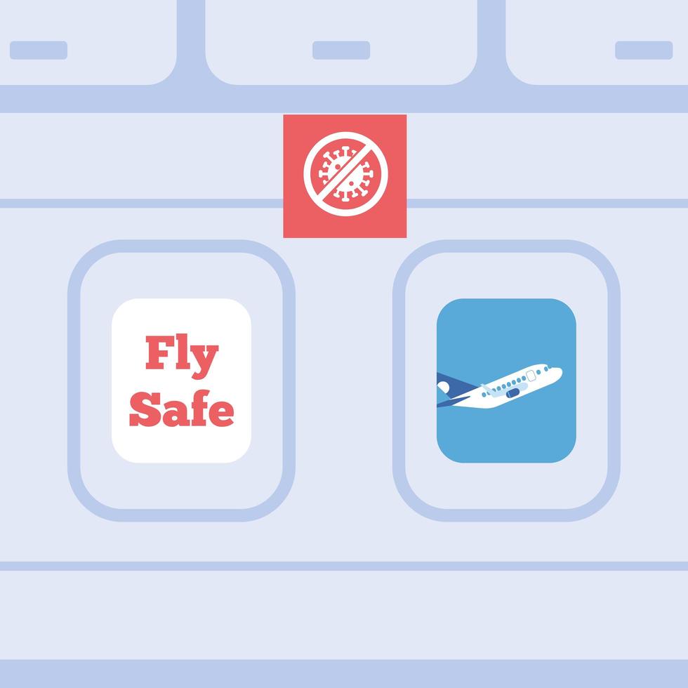 flyga säker kampanj bokstäver affisch med stopp covid signal i flygplan vektor