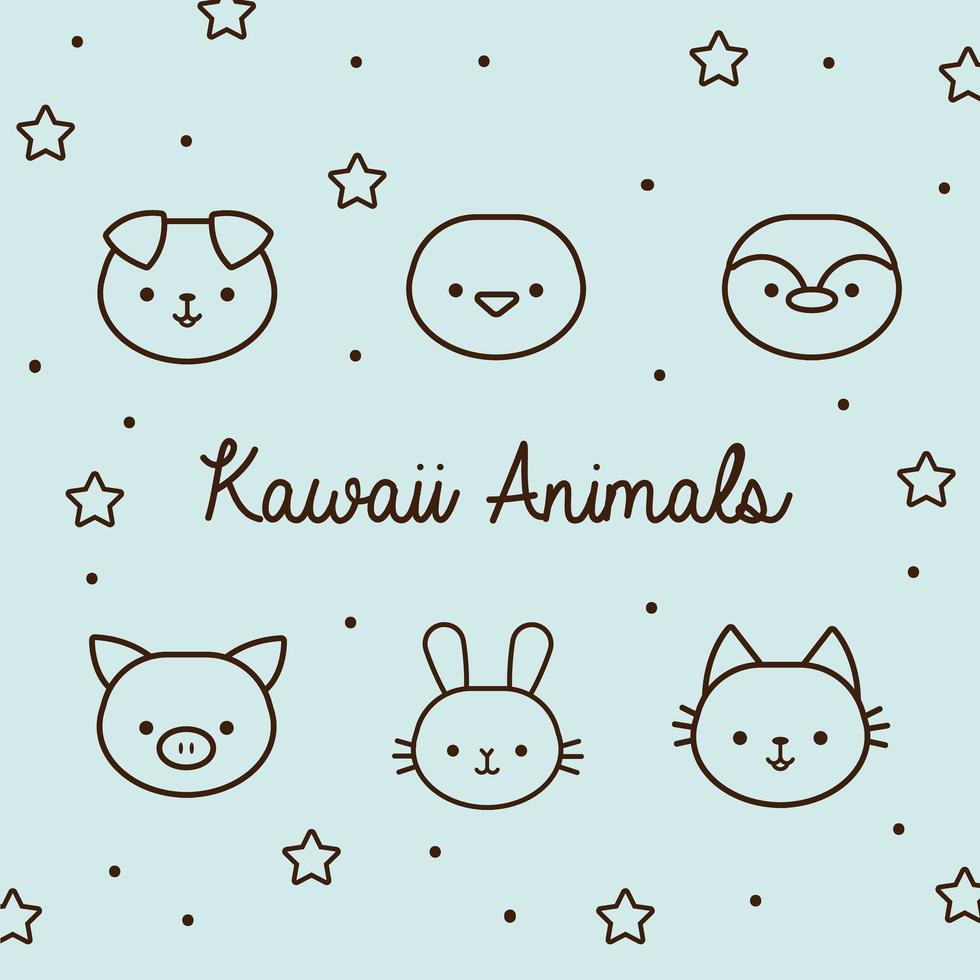 Bündel von Kawaii-Tieren mit Sternen und Schriftart vektor