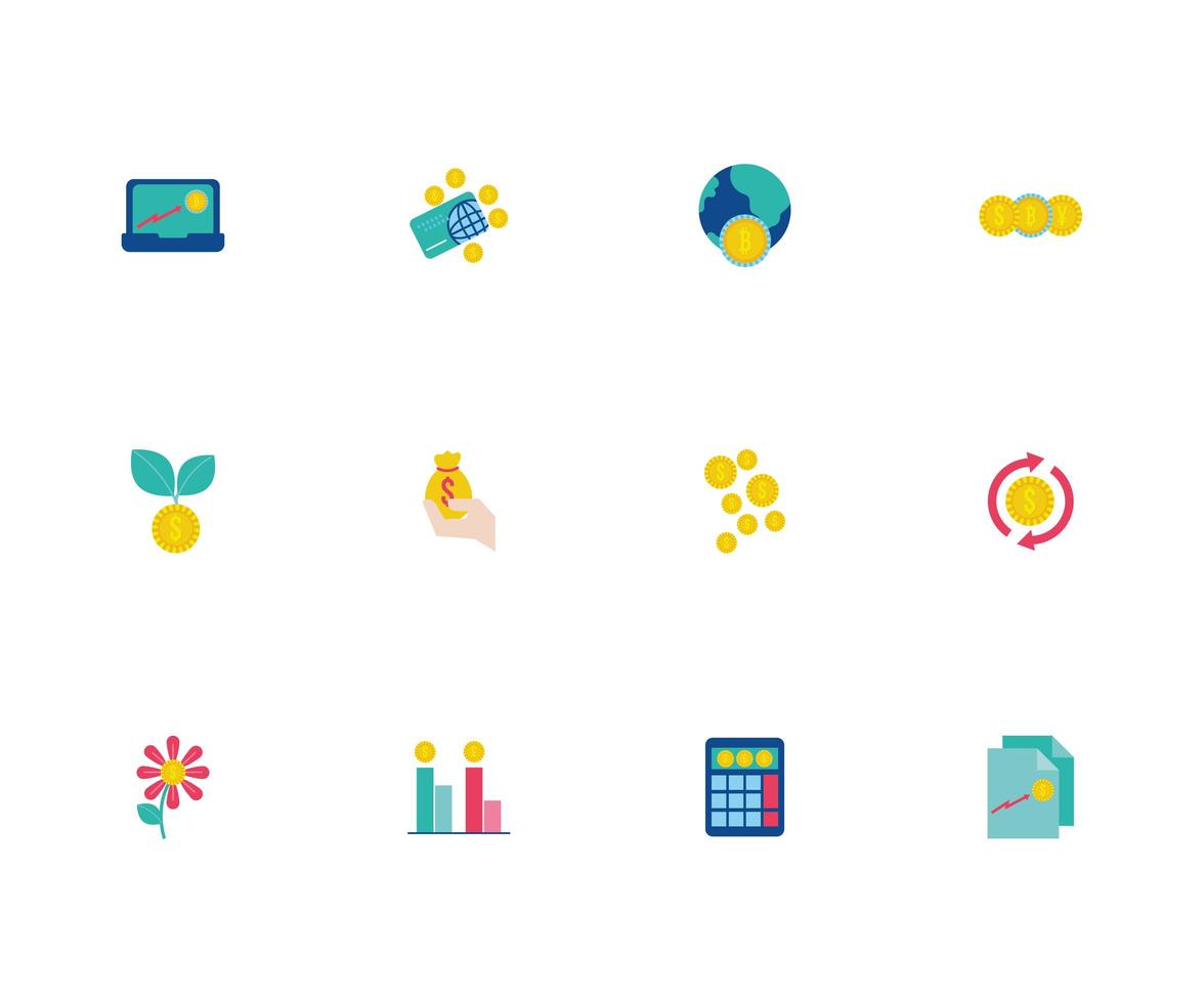 Geld und Ersparnisse Flat-Style-Icon-Set vektor