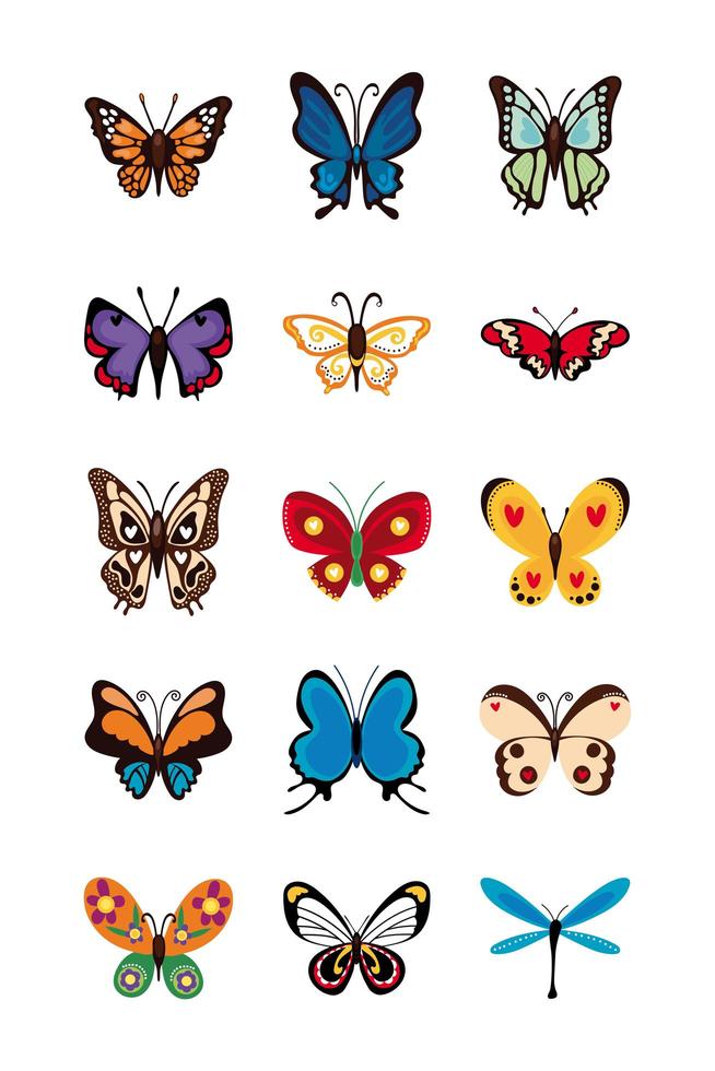 söta fjärilar platt ikonuppsättning vektor