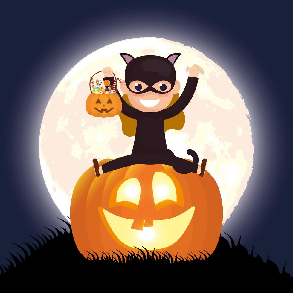 halloween mörk scen med pumpa och unge i en kattdräkt vektor