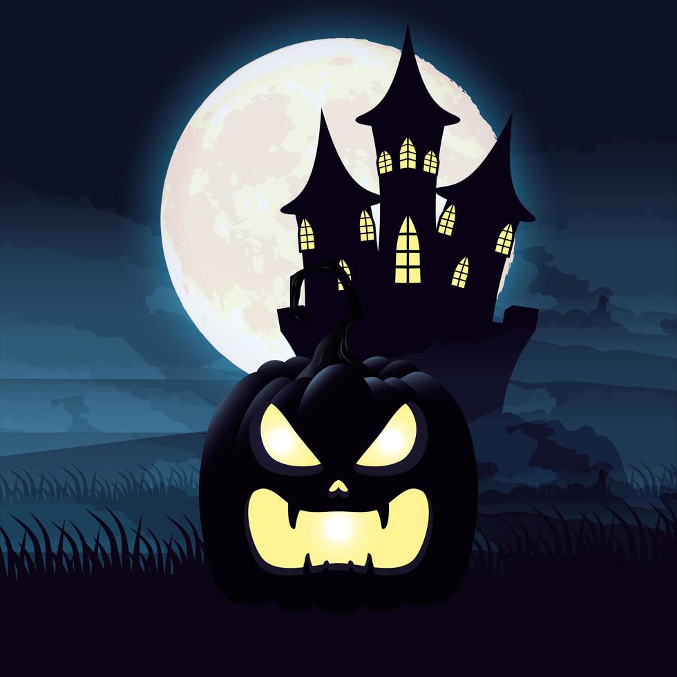 Halloween dunkle Nachtszene mit Kürbis und Schloss vektor