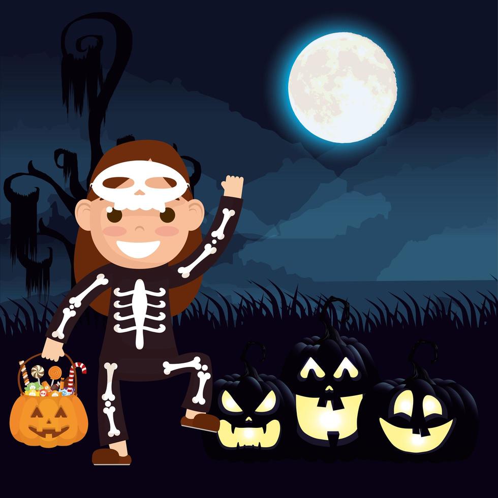 Halloween dunkle Szene mit Kürbis und Kind in einem Schädelkostüm vektor