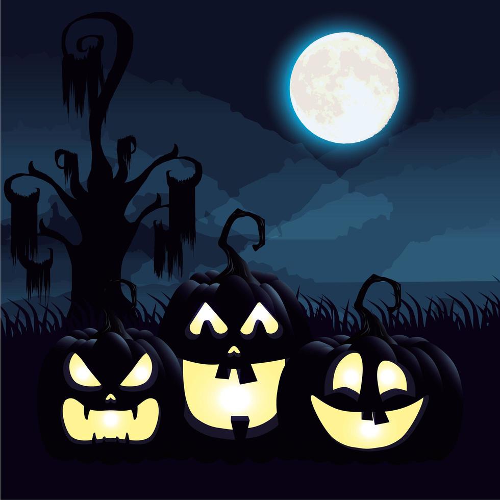 Halloween dunkle Nachtszene mit Kürbissen vektor