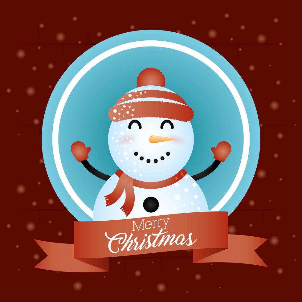Frohe Weihnachtskarte mit niedlichem Schneemanncharakter vektor