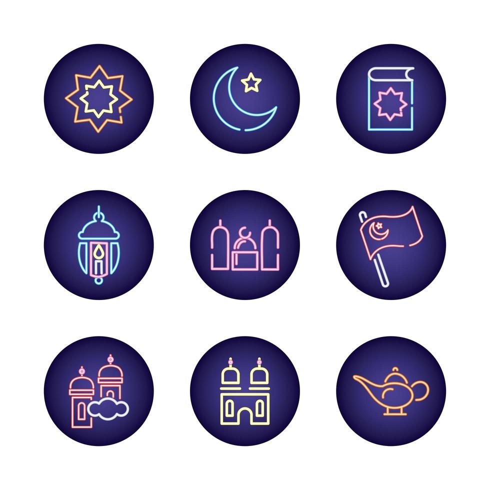 Ramadam Kareem Neonlicht Stil Icon Set vektor