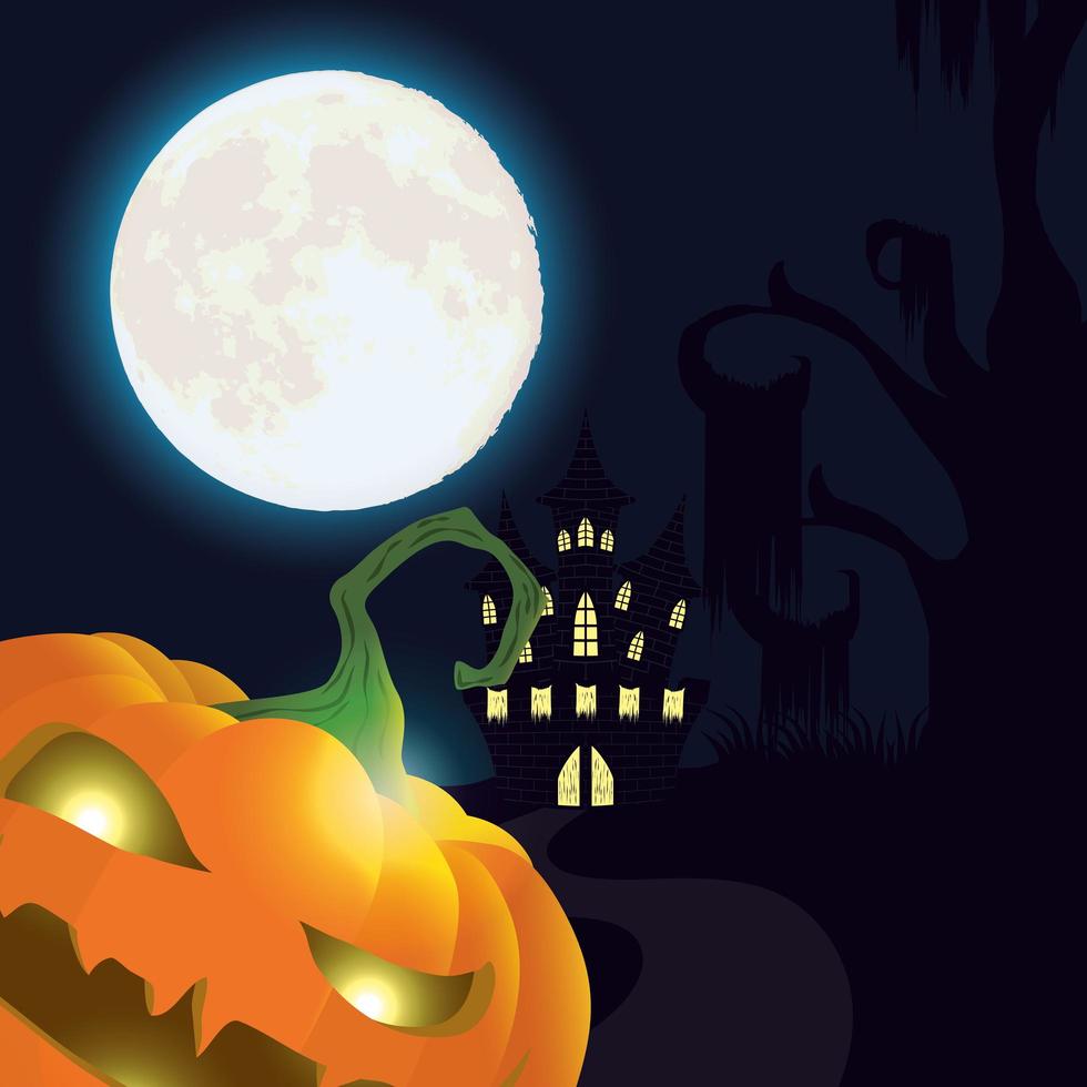 Halloween dunkle Nachtszene mit Kürbis und Schloss vektor